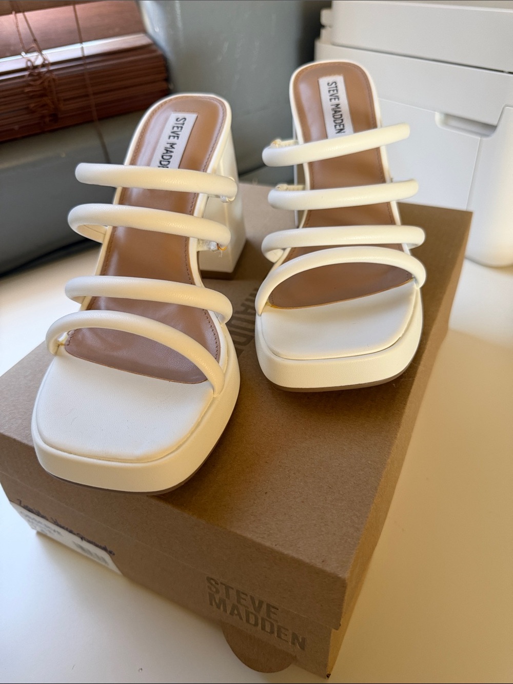 Steve Madden White Multi-Strap Block Heel Mules